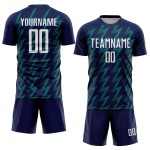 Benutzerdefiniertes Marineblaues, Weiß-Blaugrünes, Zickzack-förmiges Sublimations-Fußballtrikot Benutzerdefiniertes Marineblaues, Weiß-Blaugrünes, Zickzack-förmiges Sublimations-Fußballtrikot