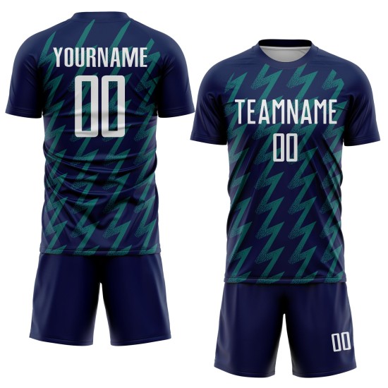 Benutzerdefiniertes Marineblaues, Weiß-Blaugrünes, Zickzack-förmiges Sublimations-Fußballtrikot Benutzerdefiniertes Marineblaues, Weiß-Blaugrünes, Zickzack-förmiges Sublimations-Fußballtrikot