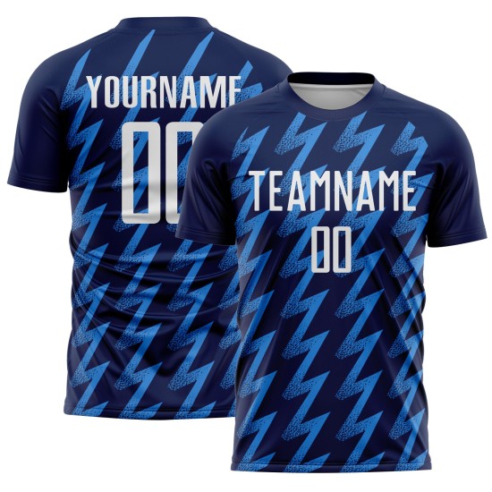 Benutzerdefiniertes Marineblaues, weiß-puderblaues Sublimations-Fußballtrikot in Zickzack-Form Benutzerdefiniertes Marineblaues, weiß-puderblaues Sublimations-Fußballtrikot in Zickzack-Form