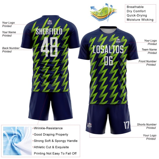 Benutzerdefiniertes Marineblaues, Weiß-Neongrünes, Zickzack-förmiges Sublimations-Fußballtrikot Benutzerdefiniertes Marineblaues, Weiß-Neongrünes, Zickzack-förmiges Sublimations-Fußballtrikot