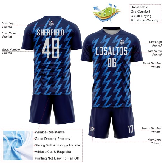 Benutzerdefiniertes Marineblaues, weiß-puderblaues Sublimations-Fußballtrikot in Zickzack-Form Benutzerdefiniertes Marineblaues, weiß-puderblaues Sublimations-Fußballtrikot in Zickzack-Form