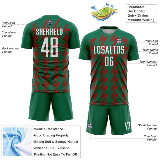 Benutzerdefinierte Kelly Grün Weiß-Rot Zickzack Form Sublimation Fußball Uniform Trikot Benutzerdefinierte Kelly Grün Weiß-Rot Zickzack Form Sublimation Fußball Uniform Trikot