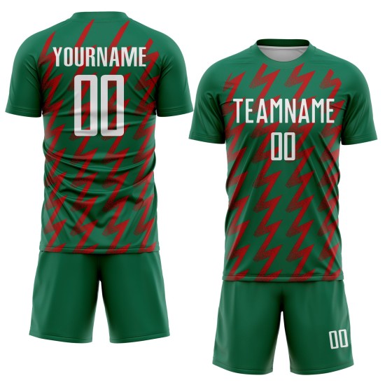 Benutzerdefinierte Kelly Grün Weiß-Rot Zickzack Form Sublimation Fußball Uniform Trikot Benutzerdefinierte Kelly Grün Weiß-Rot Zickzack Form Sublimation Fußball Uniform Trikot