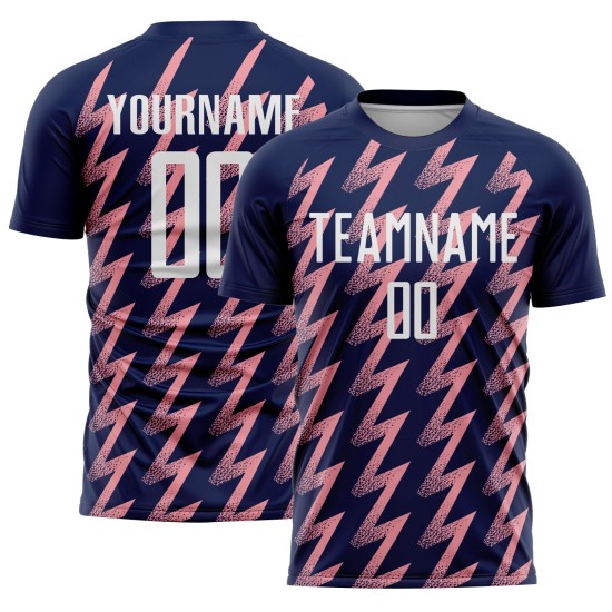 Benutzerdefiniertes Marineblaues, Weiß-Mittelrosa Sublimations-Fußballtrikot in Zickzack-Form Benutzerdefiniertes Marineblaues, Weiß-Mittelrosa Sublimations-Fußballtrikot in Zickzack-Form