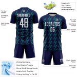 Benutzerdefiniertes Marineblaues, Weiß-Blaugrünes, Zickzack-förmiges Sublimations-Fußballtrikot Benutzerdefiniertes Marineblaues, Weiß-Blaugrünes, Zickzack-förmiges Sublimations-Fußballtrikot