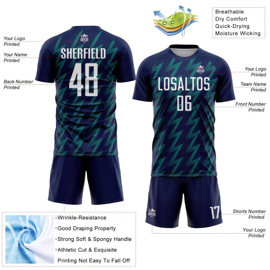 Benutzerdefiniertes Marineblaues, Weiß-Blaugrünes, Zickzack-förmiges Sublimations-Fußballtrikot Benutzerdefiniertes Marineblaues, Weiß-Blaugrünes, Zickzack-förmiges Sublimations-Fußballtrikot