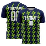 Benutzerdefiniertes Marineblaues, Weiß-Neongrünes, Zickzack-förmiges Sublimations-Fußballtrikot Benutzerdefiniertes Marineblaues, Weiß-Neongrünes, Zickzack-förmiges Sublimations-Fußballtrikot