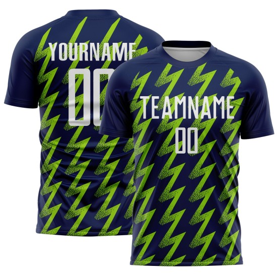 Benutzerdefiniertes Marineblaues, Weiß-Neongrünes, Zickzack-förmiges Sublimations-Fußballtrikot Benutzerdefiniertes Marineblaues, Weiß-Neongrünes, Zickzack-förmiges Sublimations-Fußballtrikot