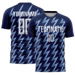 Benutzerdefiniertes Marineblaues, Weiß-Hellblaues, Zickzack-förmiges Sublimations-Fußballtrikot Benutzerdefiniertes Marineblaues, Weiß-Hellblaues, Zickzack-förmiges Sublimations-Fußballtrikot