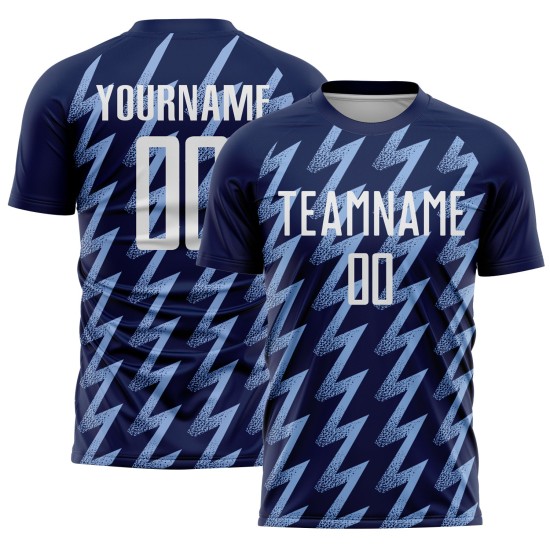 Benutzerdefiniertes Marineblaues, Weiß-Hellblaues, Zickzack-förmiges Sublimations-Fußballtrikot Benutzerdefiniertes Marineblaues, Weiß-Hellblaues, Zickzack-förmiges Sublimations-Fußballtrikot