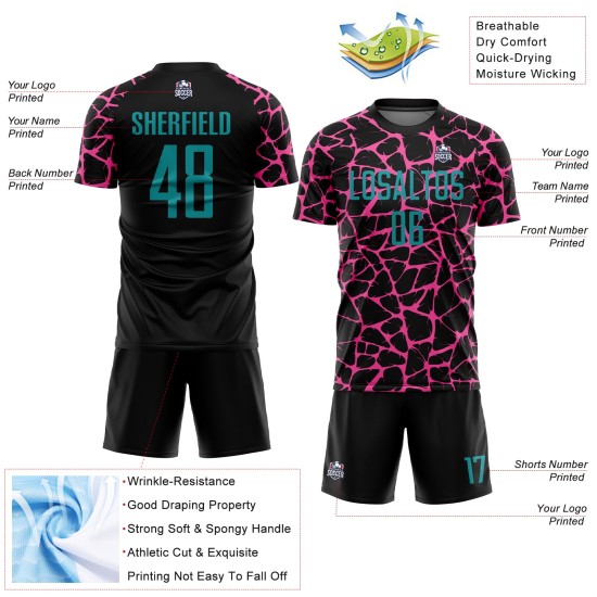 Benutzerdefinierte schwarz blaugrün-rosa abstrakte Netzwerk Splash Sublimation Fußball Uniform Trikot Benutzerdefinierte schwarz blaugrün-rosa abstrakte Netzwerk Splash Sublimation Fußball Uniform Trikot
