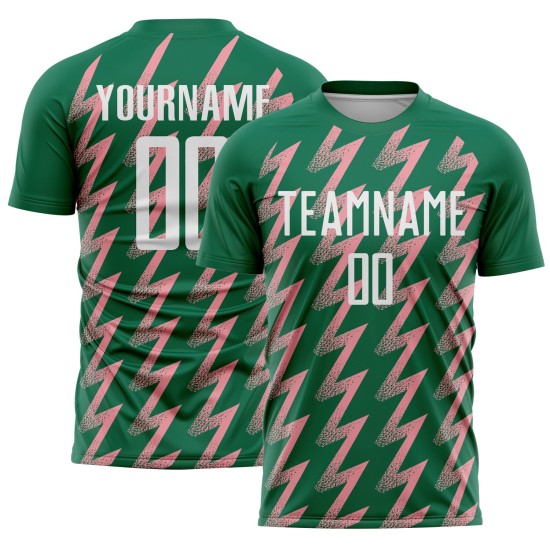 Benutzerdefinierte Kelly Grün Weiß-Mittel Rosa Zickzack Form Sublimation Fußball Uniform Trikot Benutzerdefinierte Kelly Grün Weiß-Mittel Rosa Zickzack Form Sublimation Fußball Uniform Trikot