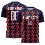 Benutzerdefiniertes Marineblaues, Weiß-Orangefarbenes Sublimations-Fußballtrikot Benutzerdefiniertes Marineblaues, Weiß-Orangefarbenes Sublimations-Fußballtrikot