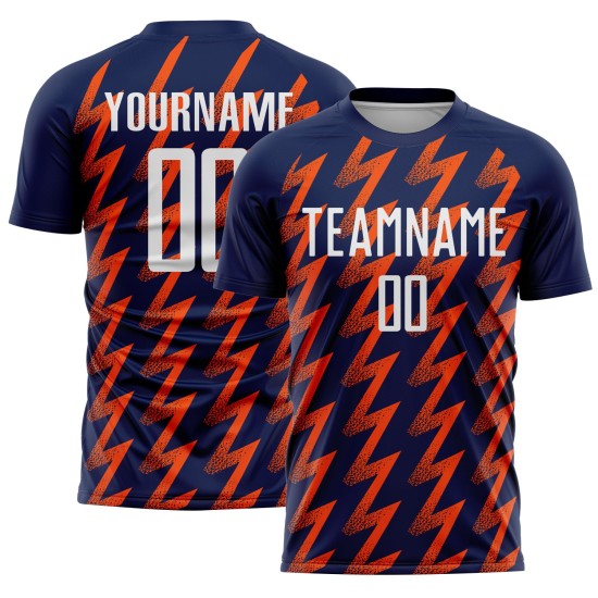 Benutzerdefiniertes Marineblaues, Weiß-Orangefarbenes Sublimations-Fußballtrikot Benutzerdefiniertes Marineblaues, Weiß-Orangefarbenes Sublimations-Fußballtrikot