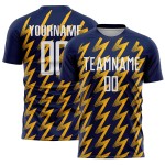 Benutzerdefiniertes Marineblaues Weiß-Gold-Fußballtrikot mit Sublimationsdruck Benutzerdefiniertes Marineblaues Weiß-Gold-Fußballtrikot mit Sublimationsdruck