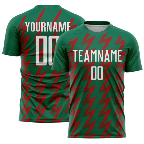 Benutzerdefinierte Kelly Grün Weiß-Rot Zickzack Form Sublimation Fußball Uniform Trikot Benutzerdefinierte Kelly Grün Weiß-Rot Zickzack Form Sublimation Fußball Uniform Trikot