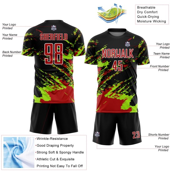 Benutzerdefinierte schwarz rot-neongrün abstrakte Fragment Kunst Splash Sublimation Fußball Uniform Trikot Benutzerdefinierte schwarz rot-neongrün abstrakte Fragment Kunst Splash Sublimation Fußball Uniform Trikot