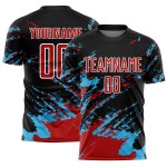 Benutzerdefinierte schwarz rot-himmelblau abstrakte Fragment Kunst Splash Sublimation Fußball Uniform Jersey Benutzerdefinierte schwarz rot-himmelblau abstrakte Fragment Kunst Splash Sublimation Fußball Uniform Jersey
