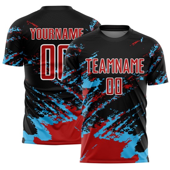 Benutzerdefinierte schwarz rot-himmelblau abstrakte Fragment Kunst Splash Sublimation Fußball Uniform Jersey Benutzerdefinierte schwarz rot-himmelblau abstrakte Fragment Kunst Splash Sublimation Fußball Uniform Jersey