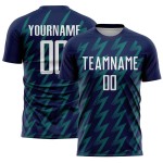 Benutzerdefiniertes Marineblaues, Weiß-Blaugrünes, Zickzack-förmiges Sublimations-Fußballtrikot Benutzerdefiniertes Marineblaues, Weiß-Blaugrünes, Zickzack-förmiges Sublimations-Fußballtrikot